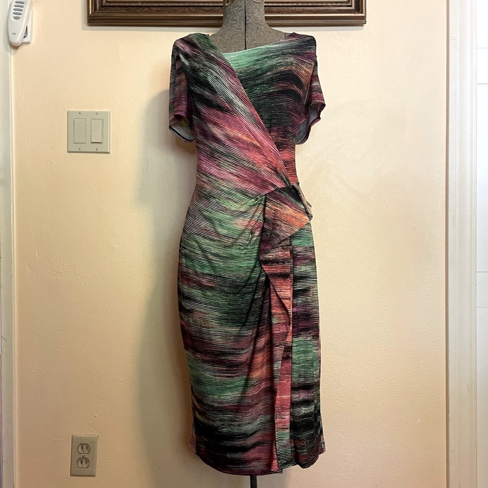 OFFICE READY bright colored dress with pleating, frills, short sleeves, long